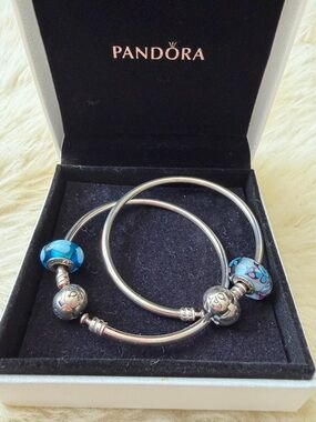 2 Pandora Silver Logo Clasp Bracelets with 2 Murano Glass Charms